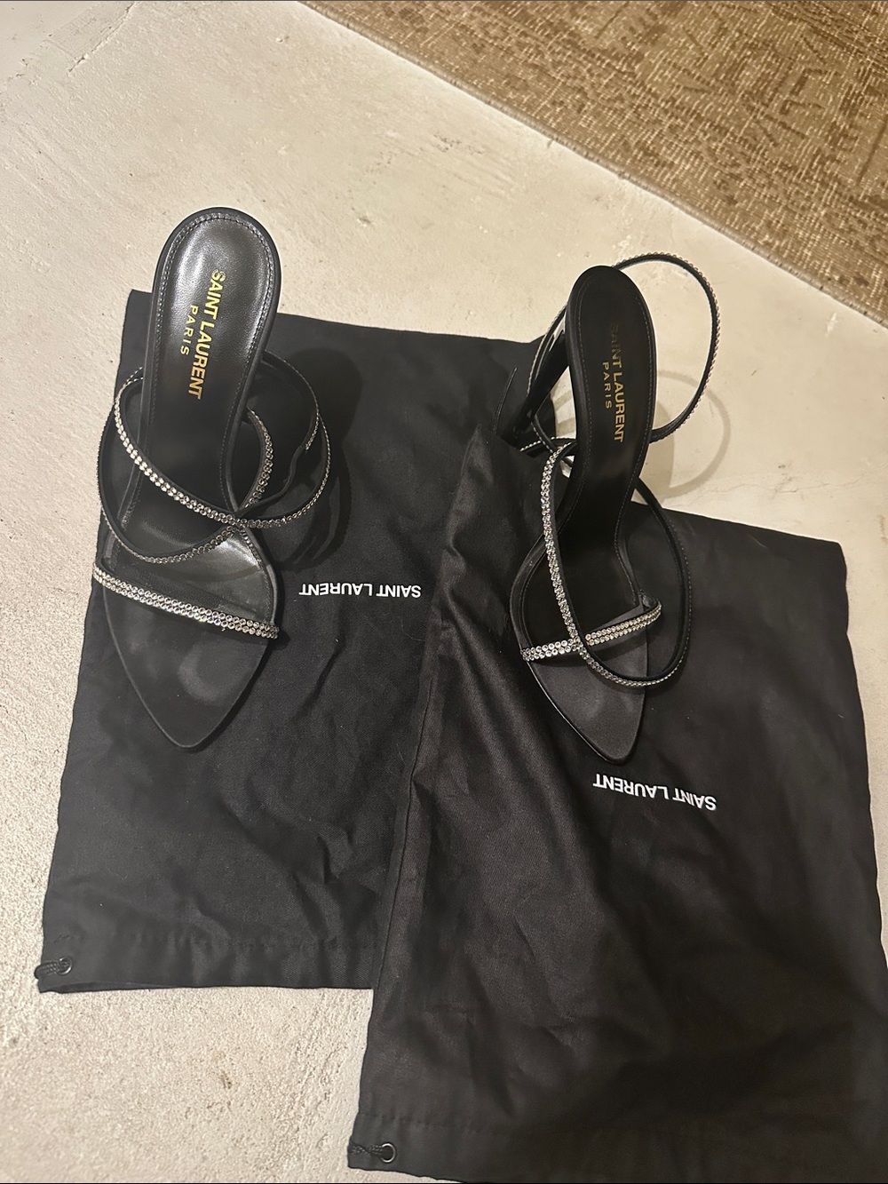 Saint Laurent Black Crystal-Strap Stiletto Sandals
